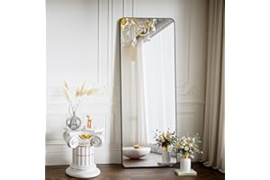 Koonmi Specchio da pavimento con angoli arrotondati, 50 x 150 cm, con supporto, grande pavimento, specchio da pavimento, per camera da letto, soggiorno, colore nero
