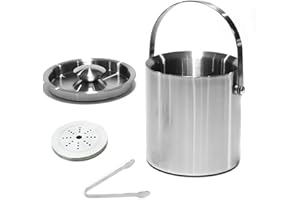 LACUSMALL Seau à glace à double paroi en acier inoxydable avec couvercle et pince à glaçons avec passoire, pour garder la glace froide et sèche, idéal pour le bar, le champagne, la bière et le vin (2L)