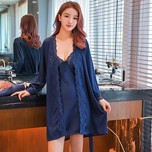 WXIN Pajamas Women/Long-Sleeved Two-Piece Sling Nightdress Silk Lace/Home Service//L/Royal Blue