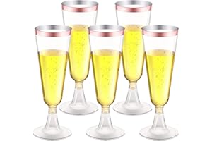 LATERN 50 Pezzi Riutilizzabili Flute da Champagne con Bordo in Oro Rosa, 150ml Bicchieri da Champagne in Plastica Bicchieri da Vino con Gambo per Anniversario Matrimonio Giardino Feste (5,5 x 16,5cm)