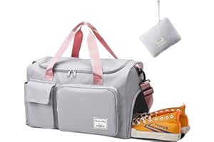 AEDCBAIDE Reisetasche Sporttasche Damen, Faltbare Reisetasche Groß Reisetaschen Weekender mit Nassfach & Schuhfach Reise Sport Duffel Bags Faltbare Handgepäck(Grau+Rosa)