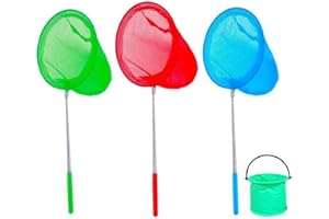 DWTECH Paquete de 3 redes telescópicas de mariposa para niños, red de pesca extensible (14.5 a 33.8 pulgadas) + 1 paquete de cubo plegable para niños atrapando insectos, peces pequeños, actividades al