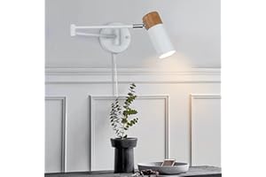 BRILUCE Industrial Swing Arm Wall Light with Plug in Cord Lamp Mounted Extension Bracket Sconces White Metal Light Fixture Rotation Reading Lighting for Reading Room, Bedroom