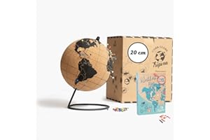 TRIPVEA® Globe terrestre 20 cm Vintage en liège + 342 Drapeaux Autocollants à Planter - Mappemonde décorative thème Voyage - Idée Cadeau et déco idéale pour Votre Bureaux ou Votre Enfant