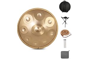 FYLZW Tamburo in Acciaio per Handpan a 432 Hz 9 Note Gold Performer da 22 Pollici in Re Minore con Supporto per Handpan, Custodia per Handpan, Mazze Resistenti E Panno Antipolvere