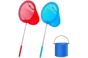 HUTATO 2 Packs Kids Fishing Net,Telescopic Butterfly Net,Pond Net Extendable (35 to 86 cm) with 1 Pack Folding Bucketfor Kids Catching Bugs Insect Small Fish Outdoor Beach Garden Activities
