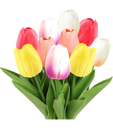 Künstlicher Tulpen Bund Real-Touch 25cm - 3 Stiele Mit Knospen - Wunderschöne Frühlingsdeko In Rot/Gelb/Orange