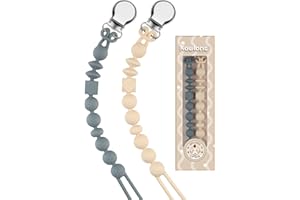 Kowlone Cadenas Chupetes Silicona Clips De Chupete Para Bebé Porta Chupetero Soothie Clip Sujeta Chupete Holder Binky Clips Niño Chicas 2-Paquetes(Beige,Gris)