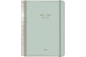 Dohe - Agenda 2026 - Día Página, Tamaño A5 (14x20 cm), Cierre de Espiral Dorada y Goma Elástica, Grabados en Oro, 12 Meses Enero a Diciembre, Planificador Anual en Español - Velvet Verde