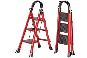 K IKIDO Escabeau pliable avec main courante, 3 marches - Antidérapant, facile à ranger - Marches larges - Convient pour la cuisine, la maison et la maison - Charge maximale : 150 kg (rouge, 3 marches)