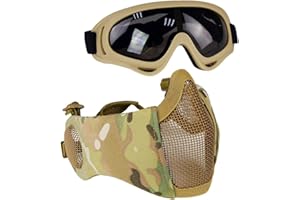 Aoutacc Kit de protection Airsoft avec demi-masque en maille avec protection des oreilles et lunettes - Pour CS/Chasse/Paintball/Tir