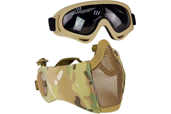Aoutacc Kit de protection Airsoft avec demi-masque en maille avec protection des oreilles et lunettes - Pour CS/Chasse/Paintball/Tir