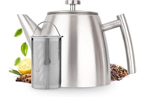 Vaja Trends Théière, 1L Gris à Double Paroi en Acier Inoxydable Théière avec Infuseur et Réchaud, Machine à Thé