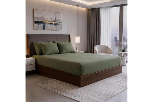 VIVEA RESERVE 400TC Cotton Feel Glace Cotton Double Bed Elastic Fitted Bedsheet King Size Set Includes 1 Solid Plain Fitted Bedsheet King Size with 2 Pillow Covers (78 72 Inches, Mist Green)