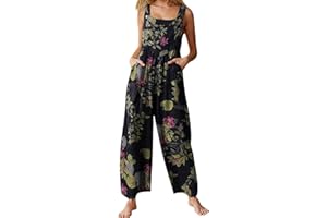 Acrawnni Women's Dungarees Vintage Floral Printed Loose Casual Baggy Sleeveless Overall Long Jumpsuit Playsuit Trousers Pants Romper