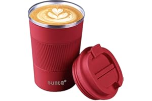 SUNTQ Reusable Coffee Cups Travel - Coffee Travel Mug with Leakproof Lid - Thermal Mug Insulated Cup - Stainless Steel Travel Cup with Rubber Grip - for Hot and Cold Drinks, 13oz/380ml, Red