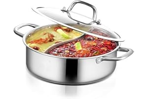 FUTCHOY 28cm/32cm Shabu Hot Pot Edelstahl Cookware 2 Kammern Mit Glasdeckel Shabu, Dual Sided Für Zwei Verschiedene Geschmacksrichtungen, Suppenkochtopf Mit Doppelseitigem Teiler (28cm)