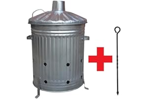 EASYSHOPPING Small Medium Large 15L 60L 90L Litre Metal Galvanised Garden Incinerator Fire Bin Burning Leaves Paper Wood Rubbish Dustbin Shovel and Poker Made in U. K. (60L INC with Poker)