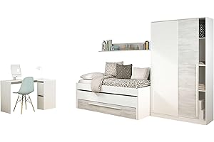 Miroytengo Pack Muebles Dormitorio Juvenil Completo en Color Blanco y Roble Claro Cama + Armario + Escritorio. Incluye Somieres