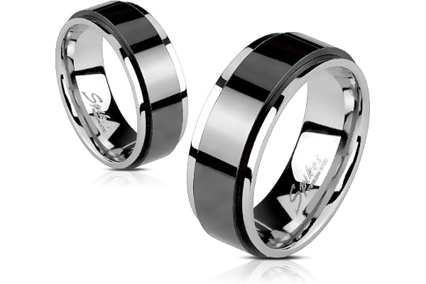 Bague homme femme acier noir bords couleur argent rotatif Spin