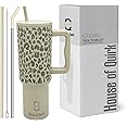 House of Quirk 1200ML Stainless Steel Tumbler Hot and Cold with Handle and Lid 2 Straw, Double Insulated Cup Leak Proof Mug Cupholder for Gym, Travelling (Beige Leopard)
