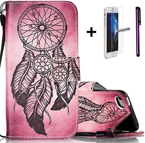 iPod Touch 5 / Touch 6 Leather Case [With Free Tempered Glass Screen Protector + 1 Stylus Pen] NEWSTARS New Premium PU Leather Wallet Cover Full Body Protective With Elegant Retro Colorful Dreamcatcher Butterfly Flower Drawing Design with Hand Strap and Stand Feature Credit Card Slot Skin Cover Case for Apple iPod Touch 5th/ 6th Generation. PU- Feather Campanula