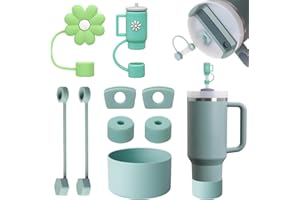 JiangLin Stanley Cup zestaw 9 akcesoriów, awiera 2 pokrywki na słomki Stanley,1 silikonowe etui ochronne na dole,6 silikonowych zatyczek zabezpieczających przed wyciekiem (eukaliptus)