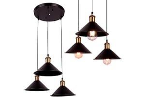 FIRVRE 3 Luci Lampadario a Sospensione Vintage E27, Plafoniera Nero Industriale, Lampadari per Cucina Salotto Cameretta(Base Rotonda)