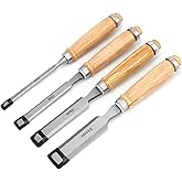QWORK&reg; 4 Pieces Wood Chisels 6, 12, 19, 24 mm, Hardened Carbon Steel Chisels with Ergonomic Handle and Impact Cap