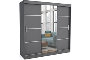 Brent - Kleiderschrank mit Schiebetüren Windsor Tomy I 200x200x60 cm I mit Spiegel, Stangen und Einlegeböden für Kleidung I Laminierte Spanplatte I Aluminiumschienen I Anthrazit