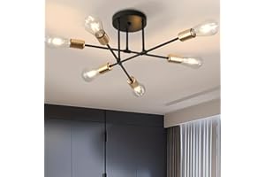 COOINJOY Chandelier Sputnik Ceiling Light, 6 Lights E27 Black Gold Modern Chandelier, Semi-Flush Mount Ceiling Lamp Vintage Ceiling Lighting for Living Room, Bedroom, Dining Room, Kitchen(no bulb no shade)