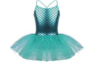 IEFIEL Vestido de Gimnasia Rítmica con Escamas de Pescado Metálico para Niña Maillot con Falda Ballet de Tutú Vestido de Bailarina Ballet 3-10 Años