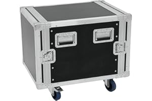 Roadinger Rack Profi KM 10HE, 55cm Einbautiefe, mit Rollen | PRO Flightcase für 483-mm-Geräte (19") | Gestanzte Rackschienen für Käfigmuttern | 4 Klappgriffe | 4 Schlösser | 4 Rollen mit 2 Bremsen