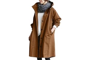 RUITOTP Veste de pluie légère et longue pour femme Trench à boutons de couleur unie avec capuche Coupe-vent à coupe ample Imperméable décontracté avec poches Grandes tailles S à S-5XL