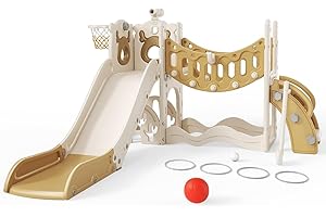 HELANGEL Tobogán infantil grande con canasta de baloncesto, estructura de escalada para jardín, telescópico, espacio de almacenamiento (versión activa seis en uno de alce caqui)