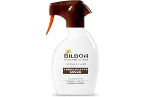 Bilboa Aquabronze Abbronzante Cocco, Acqua Solare Abbronzante con Cristalli di Mentolo e Profumo di Cocco, Rinfresca e Ammorbidisce la Pelle, Dermatologicamente Testato, 250 ml