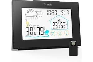 Quntis Stacja pogodowa, 5" LED duży cyfrowy termometr i higrometr, budzik pogodowy, wewnętrzny i zewnętrzny termometr z funkcją drzemki, wyświetlacz czasu daty - czarny