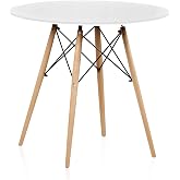 duehome | Fixed Round Dining Table, Living Room or Kitchen Table, Tower Model, White and Wood Finish, Measures: 80 cm (L) x 8