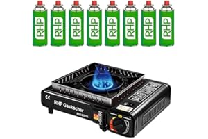 Réchaud à gaz d'extérieur RHP cuisinière de camping I cuisinière à gaz avec 8 cartouches de gaz à baïonnette - avec étui pratique - jusqu'à 30% de consommation de gaz en m