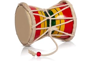 THE GREAT INDIAN BAZAAR Hecho a mano de madera y cuero clásico indio Folk Dumroo Damroo Damaru tambor de mano conjunto de percusión decorativo coleccionable Showpiece World Instrumentos musicales diversión para adultos niños