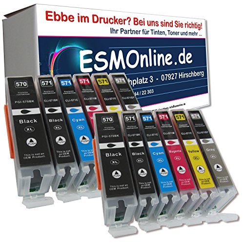 ESMOnline 12 komp. XL Druckerpatronen ersatz Canon PGI-570 CLI571 für Canon Pixma TS8050 TS8051 TS8052 TS8053 TS9050 TS9055 / Canon MG 7700 7750 7751 7752 7753 2 x Schwarz 2 x Photoschwarz 2 x Blau 2 x Rot 2 x Gelb 2 x Grau