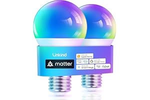 ‎LINKIND Linkind Matter Smart RGBTW Glühbirne, E27 Lampe Alexa, 45 Szenen & Musiksync, 16 Mio. Farben, Matter über 2.4GHz WiFi, A60 LED Birne kompatibel mit Apple Home/Siri/SmartThings/Google Home, 2 Stück