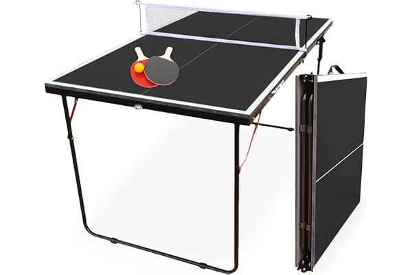 MUWO Vikbar minibordtennisplatta, robust stålram. Kompakt, med bärhandtag. 137 × 76 cm, inklusive nät, två racketar och bordtennisboll