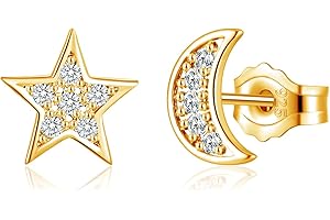 Deyanse Srebrne kolczyki na sztyfcie dla kobiet, srebro wysokiej próby 925, gwiazdy, księżyc, serce, kolczyki, hipoalergiczne, płaskie kolczyki z cyrkonią, małe 8 mm do spania z pudełkiem na prezent