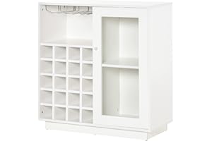 HOMCOM Mobile Portabottiglie per 20 Bottiglie, Porta Vini con Anta in Vetro, Cantinetta Portabottiglie con Porta Calici e Armadietto, 80x36x85 cm, Bianco