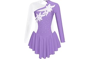 inlzdz Figure Ice Skating Dress for Kids Girls Long Sleeve Rhinestones Mesh Splice Gym Skirted Leotard Dance Performance Costume