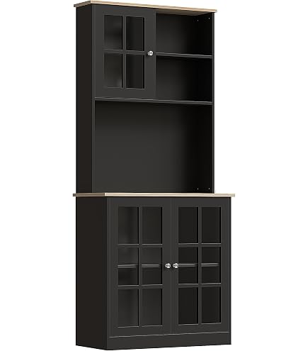 Armoire De Cuisine/buffet Avec Portes Vitrées Et étagère à Vin - 5 Tiroirs, 4 Portes - Noir Avec Pieds Dorés