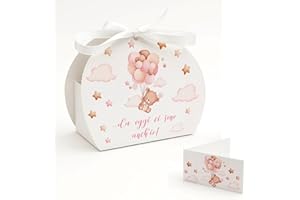 PV Grafik® 24PZ Bomboniere Nascita Orsetto, Scatoline Portaconfetti Bimba, Scatola Confetti Baby Shower Benvenuta Bambina Scatole Confetti per Confetteta, Set con Bigliettino e Nastrino (40BL)