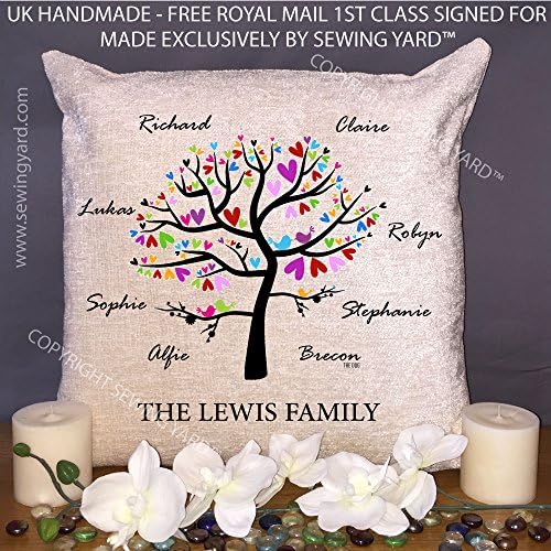 Sewing Yard Personalised Cream Chenille Cushion & Pad - Family Tree - Made In The UK - Includes Guaranteed Royal Mail 48 Hour Tracked UK Delivery