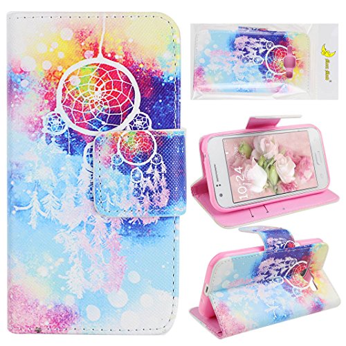 Hülle Galaxy J1 2015,Moon mood® PU Leder Schutzhülle für Samsung Galaxy J1 (4.3 Zoll)(Not for Samsung Galaxy J1 2016) TPU Innere 3 Kartenfächer Bunte Malerei Standfunktion Handytasche (Blau Gelb Rot Traumfänger)